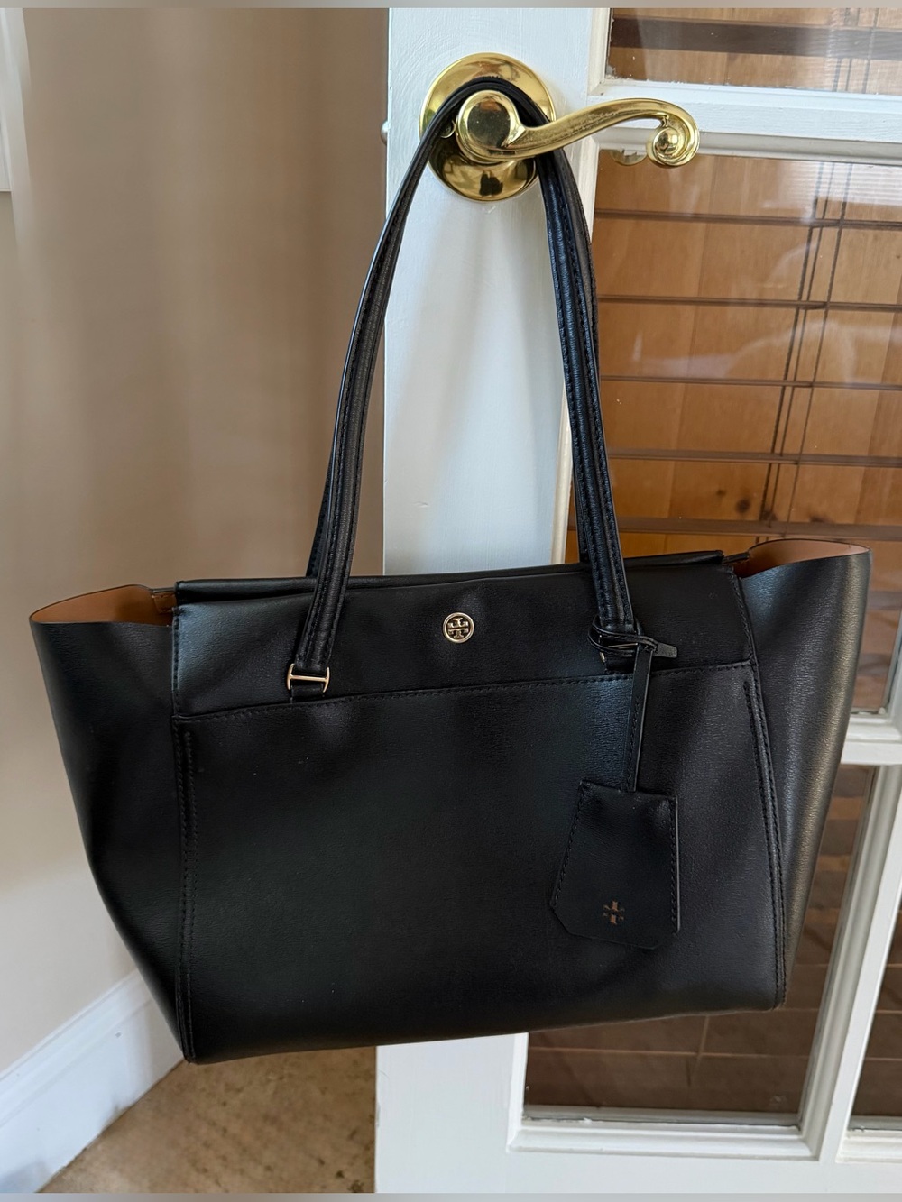 Tory Burch Black Leather Robinson Tote with Gold Logo